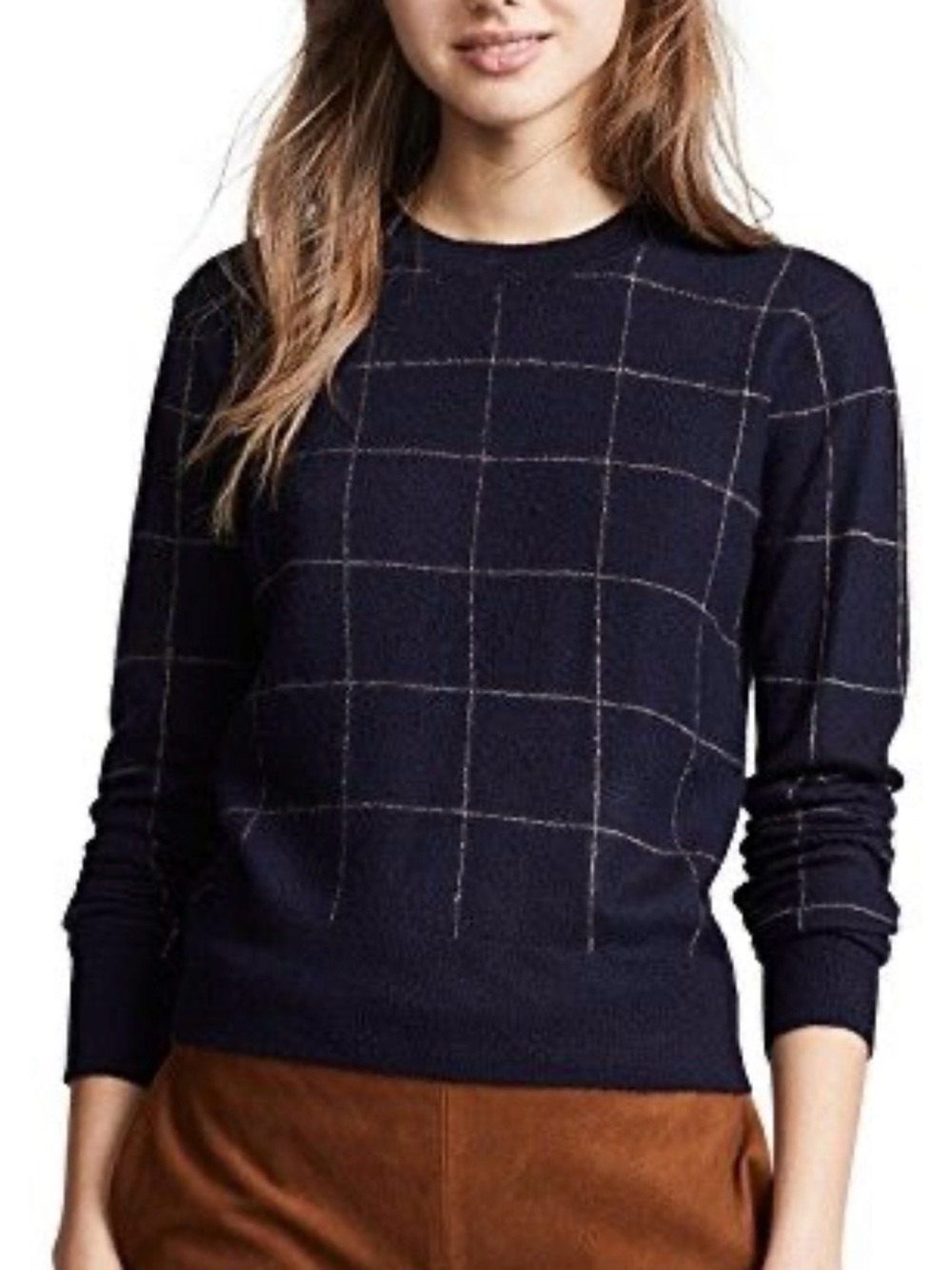 Vince 100% Cashmere Windowpane Crewneck Sweater Navy Blue Tan Womens Size L
